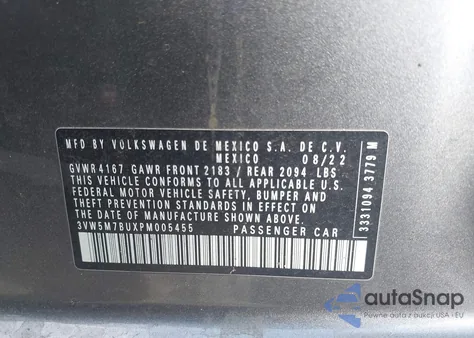 2023 Volkswagen Jetta 1.5T S z USA, uszkodzony, nr VIN 3VW5M7BUXPM005455